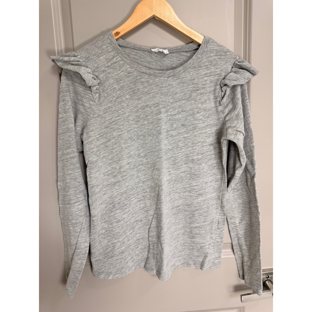Frame Denim Women Heather Grey Ruffle Shoulder Long Sleeve Slub Jersey Tee M